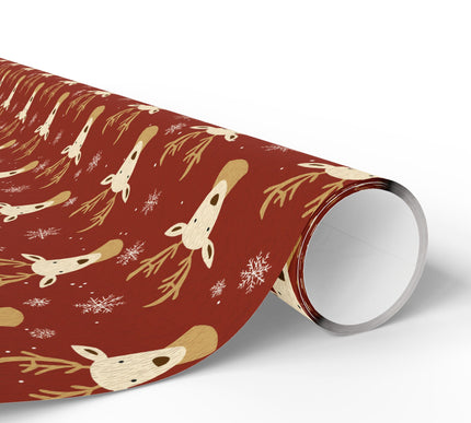 Crimson Antlers – Red Reindeer and Snowflakes Christmas Wrapping Paper