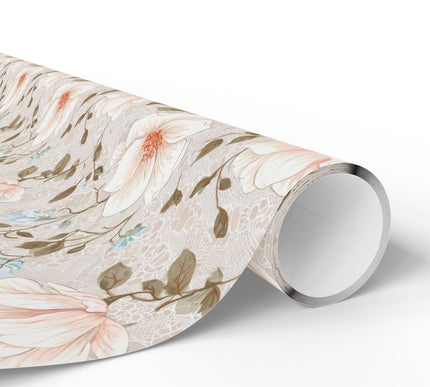 LacePetal – Romantic White and Peach Flowers over Vintage Lace Texture Wrapping Paper
