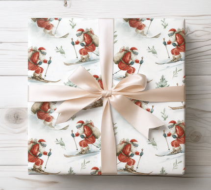 Playful Santa skiing down snowy slopes, a fun and festive holiday wrapping choice. 