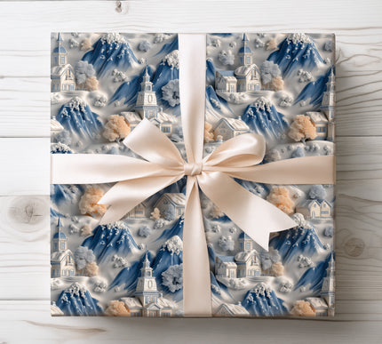 Scenic alpine village covered in snow, evoking warmth and charm for seasonal gift wrapping. 