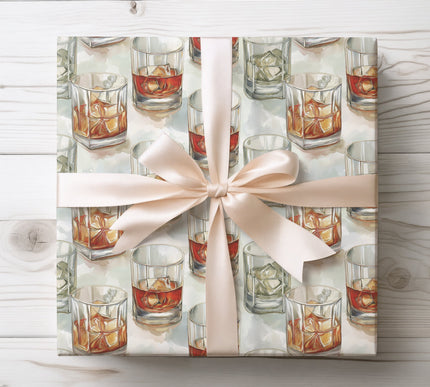 Stylish and warm whiskey glasses with melting ice cubes pattern, ideal for elegant and masculine gift wrapping. 