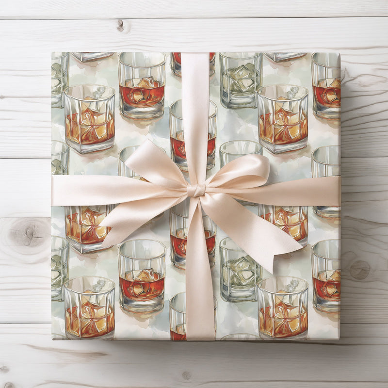 Golden Ember Drift – Whiskey Glasses with Ice Cubes Wrapping Paper