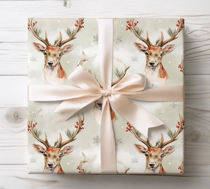 Majestic Christmas reindeer adorned with frosty details, perfect for classic holiday gift wrapping. 