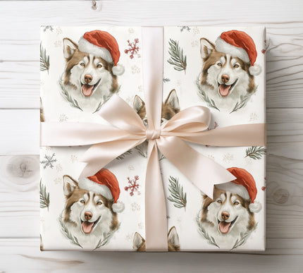 Playful husky dog in winter holiday theme, perfect for dog lovers and festive gift wrapping. 