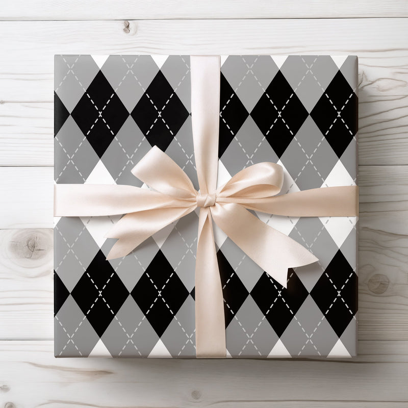 Silverloom Trace - Elegant Black and White Argyle Pattern Wrapping Paper