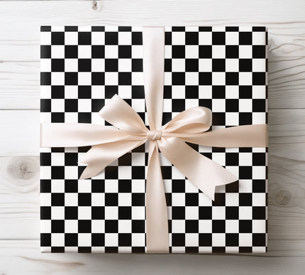 Classic checkerboard pattern in black and white for versatile and stylish gift wrap. 