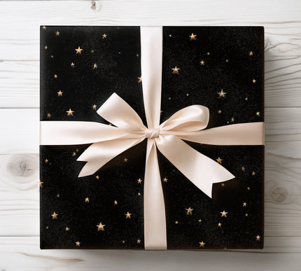 Elegant golden stars sparkling on a night sky background, ideal for festive and upscale wrapping. 