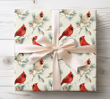 Bright red cardinal birds perched on snowy branches, a classic and festive choice for holiday gift wrapping. 
