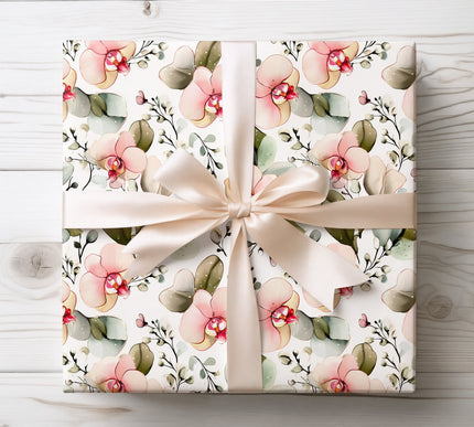 Exotic orchids and lush leaves create a tropical paradise pattern, perfect for luxurious and natural-themed wrapping. 