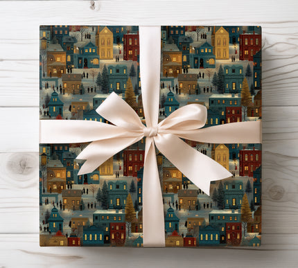 Charming cozy winter village scene covered in snow, perfect for capturing warm holiday spirit in your gift wrapping. 