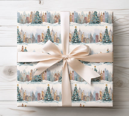 Beautiful snowy city skyline capturing festive winter spirit, perfect for holiday gifts. 