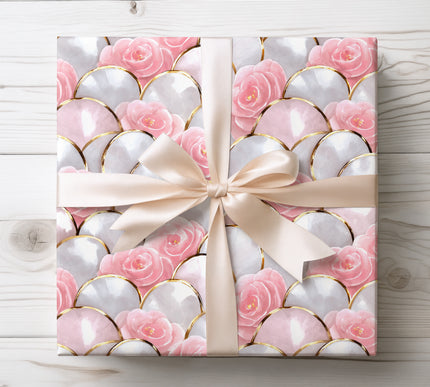 Luxurious rose gold and pearl scale pattern, ideal for elegant and premium gift wrapping. 