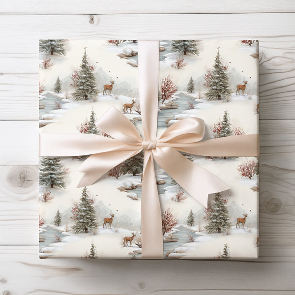 Whispering Pines – Snowy Forest Pattern with Deer, River and Pine Trees Christmas Wrapping Paper