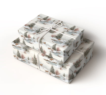 Whispering Pines – Snowy Forest Pattern with Deer, River and Pine Trees Christmas Wrapping Paper