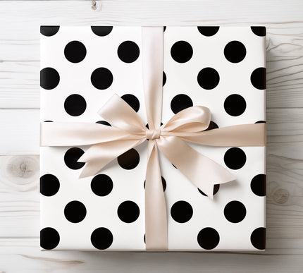Simple and stylish black polka dots on white, perfect for modern and minimalist gift wrapping. 