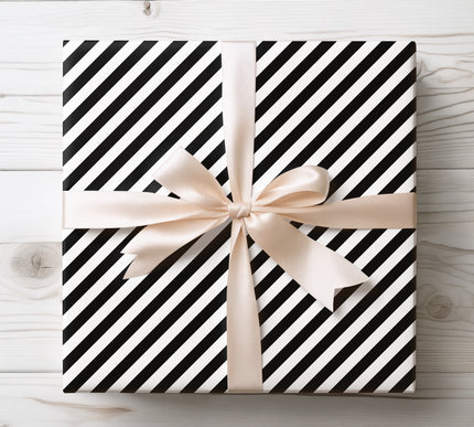 Bold black and white diagonal stripes, ideal for striking and contemporary gift wrap. 