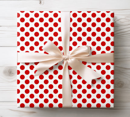 Timeless red and white polka dots for cheerful and traditional gift wrapping. 