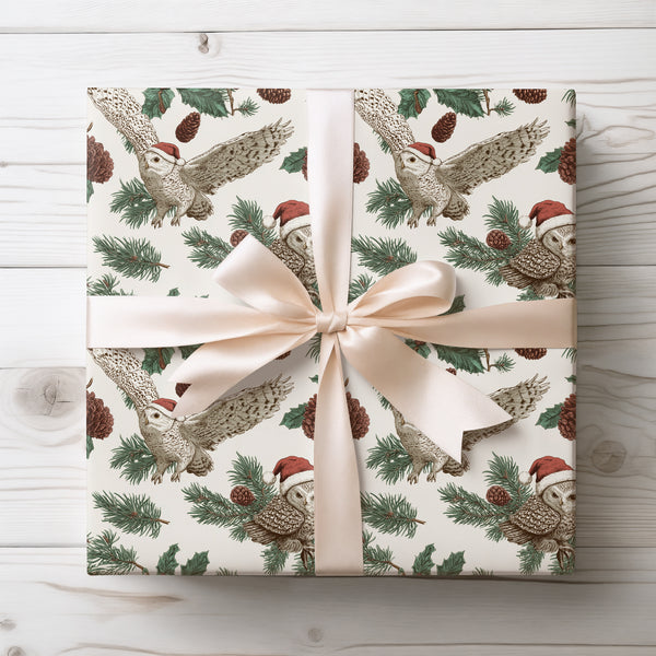 Santa’s Feathered Friend - Vintage Owl and Holly Christmas Wrapping Paper