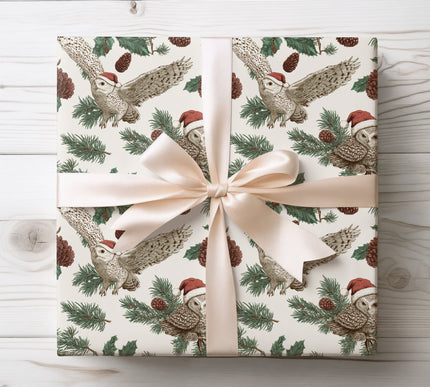 Charming vintage owl perched on holly branches, perfect for whimsical Christmas presents. 