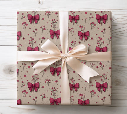 Charming hand-drawn pink bows and flowers, perfect for whimsical and feminine gift wrapping. 