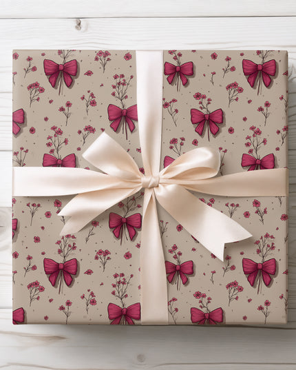 Whimsical Blooms - Hand-Drawn Pink Bow and Flower Wrapping Paper