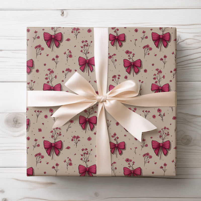 Whimsical Blooms - Hand-Drawn Pink Bow and Flower Wrapping Paper