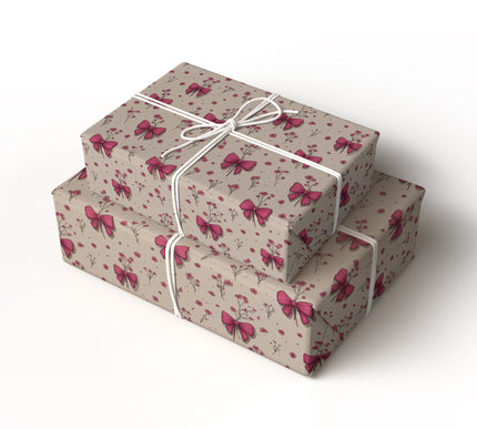 Whimsical Blooms - Hand-Drawn Pink Bow and Flower Wrapping Paper