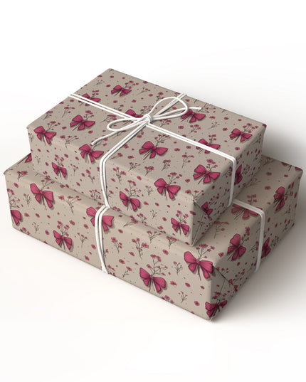 Whimsical Blooms - Hand-Drawn Pink Bow and Flower Wrapping Paper