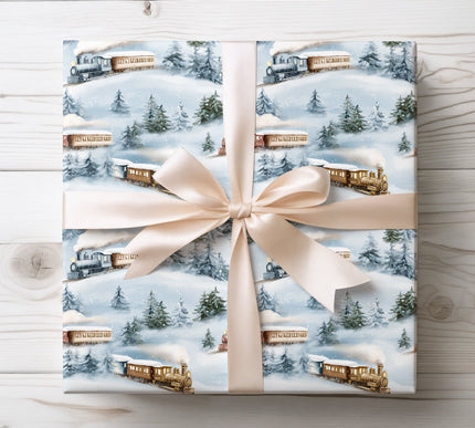 Classic vintage train wrapped in snowy holiday scenes, perfect for nostalgic Christmas gifts. 