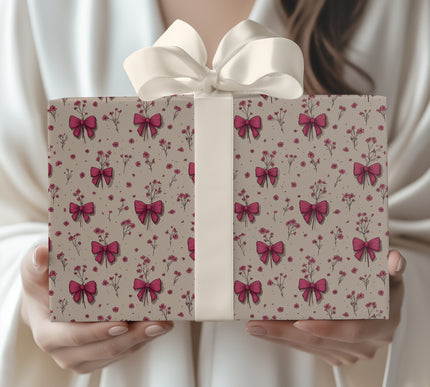 Whimsical Blooms - Hand-Drawn Pink Bow and Flower Wrapping Paper