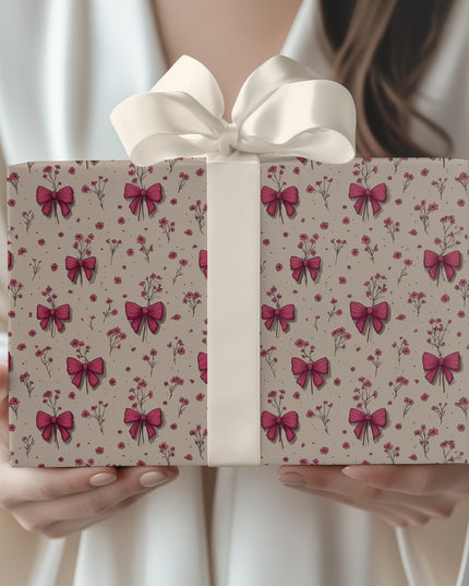 Whimsical Blooms - Hand-Drawn Pink Bow and Flower Wrapping Paper