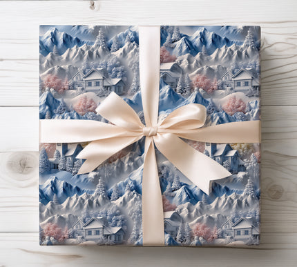 Textured embossed snowy mountain village scene, ideal for luxurious and rustic holiday wrapping. 