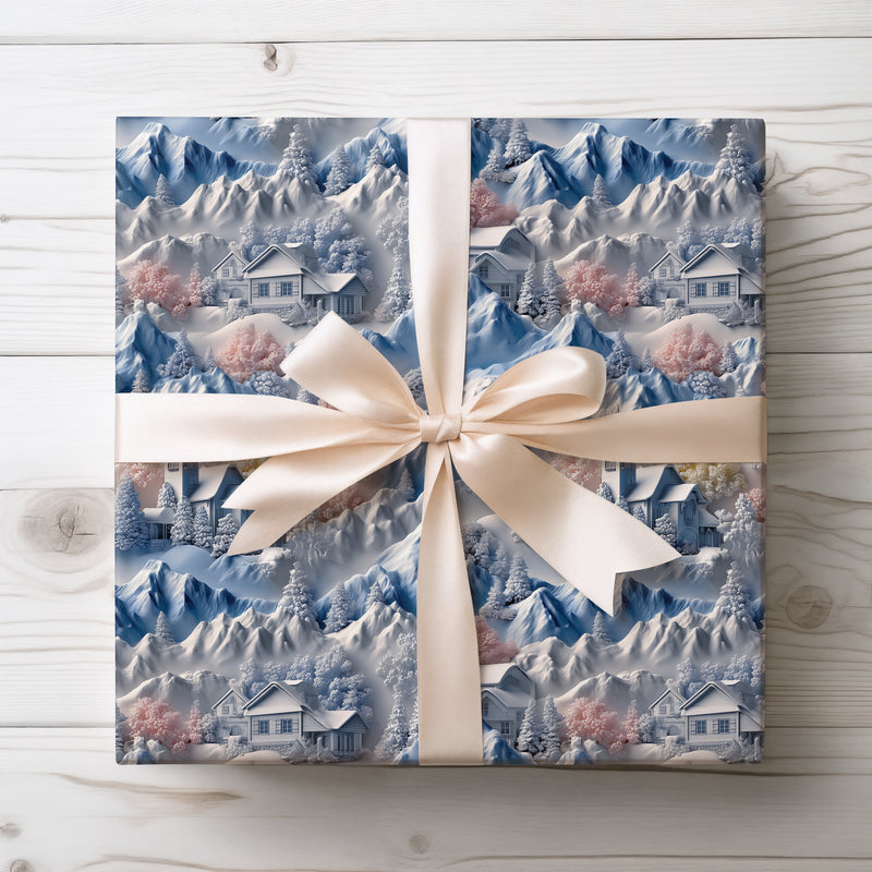 Whispering Peaks - Snowy Mountain Village Embossed Wrapping Paper