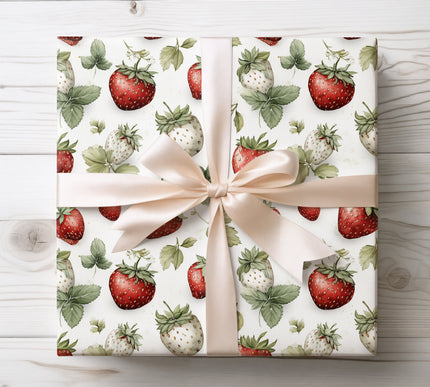 Fresh and bright strawberries with leafy accents on a clean white backdrop, ideal for cheerful wrapping. 