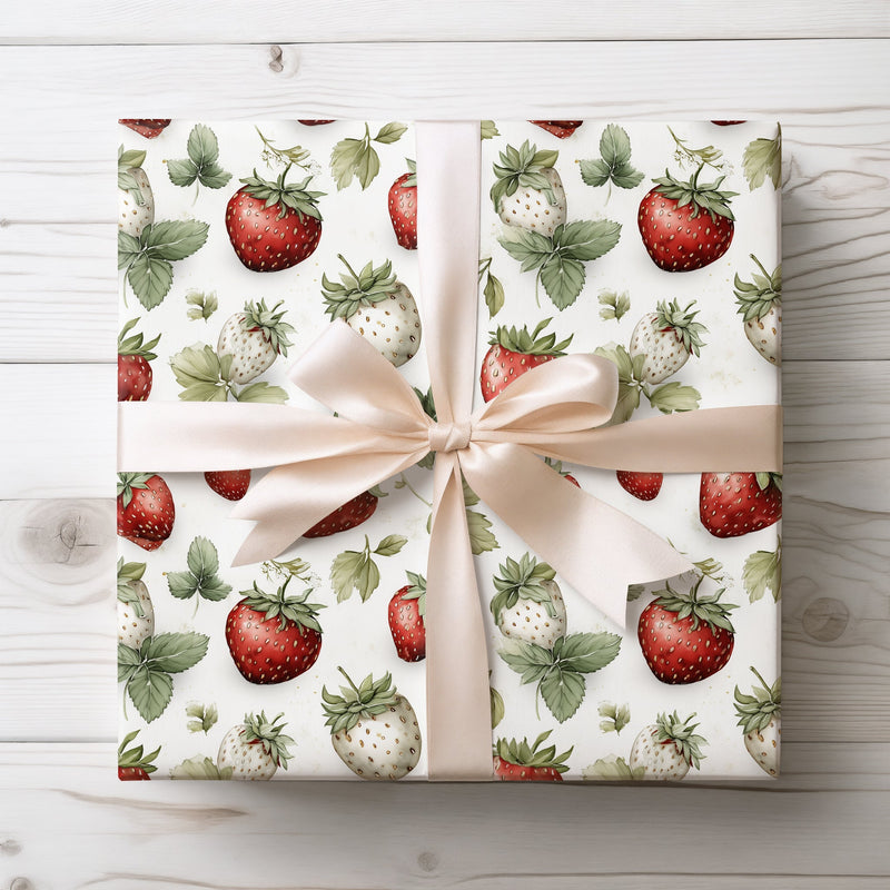 Sweet Grove – Strawberry on White Background with Leaves Wrapping Paper
