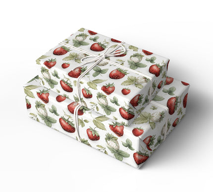 Sweet Grove – Strawberry on White Background with Leaves Wrapping Paper