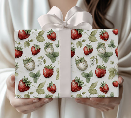 Sweet Grove – Strawberry on White Background with Leaves Wrapping Paper