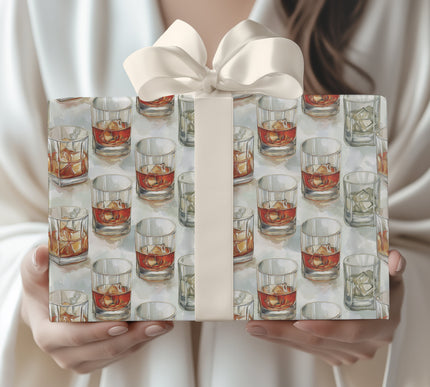 Golden Ember Drift – Whiskey Glasses with Ice Cubes Wrapping Paper