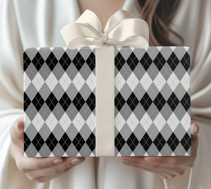 Silverloom Trace - Elegant Black and White Argyle Pattern Wrapping Paper