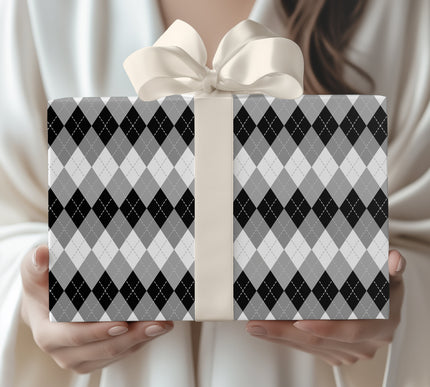 Silverloom Trace - Elegant Black and White Argyle Pattern Wrapping Paper