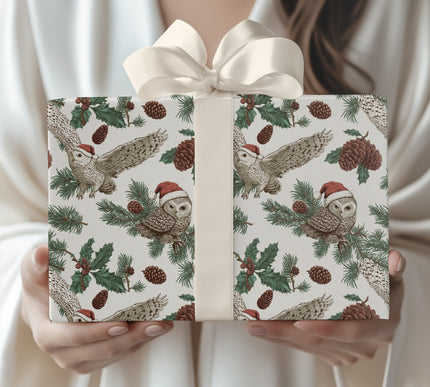 Santa’s Feathered Friend - Vintage Owl and Holly Christmas Wrapping Paper