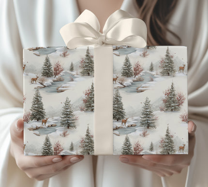 Whispering Pines – Snowy Forest Pattern with Deer, River and Pine Trees Christmas Wrapping Paper