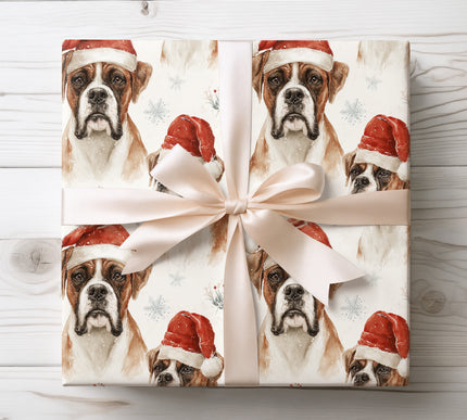 Festive boxer dogs celebrating Christmas, ideal for pet lovers and holiday gift wrapping. 