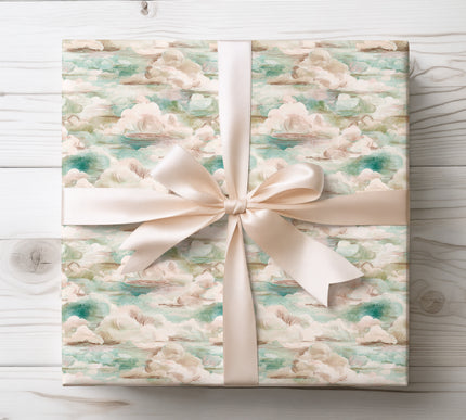 Soft watercolor clouds creating a dreamy and peaceful wrapping paper design for any occasion. 