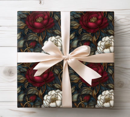 Elegant red and white peony florals for luxurious and classic gift wrapping. 