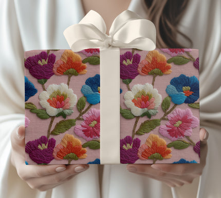 Embroidered Elegance - Floral Embroidery Seamless Pattern Wrapping Paper