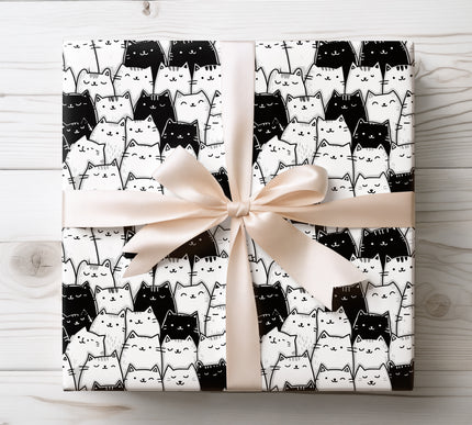 Whimsical black and white cat illustrations in a fantasy setting, ideal for cat lovers. 
