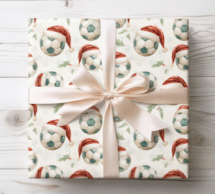 Soccer balls wearing Santa hats, perfect for sports fans celebrating the holidays. 