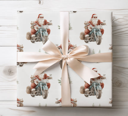 Santa Claus riding a motorcycle through snowy scenes, ideal for edgy and fun Christmas wrapping. 