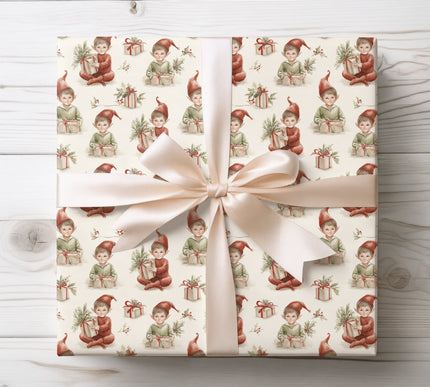 Cute and cheerful workshop elves busy at Christmas, perfect for festive and fun holiday wrapping. 